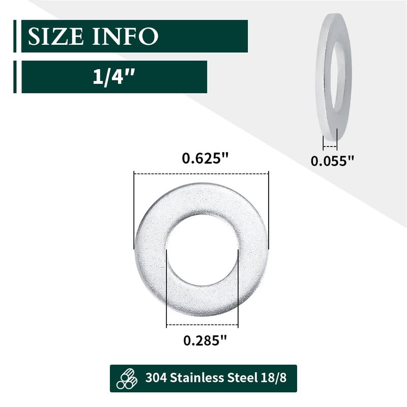 EASTLO 1/4" Stainless Steel Flat Washer (0.28" ID, 0.63" OD), 304 Stainless Steel 18-8, Bright Finish, Pack of 100 - Image 3